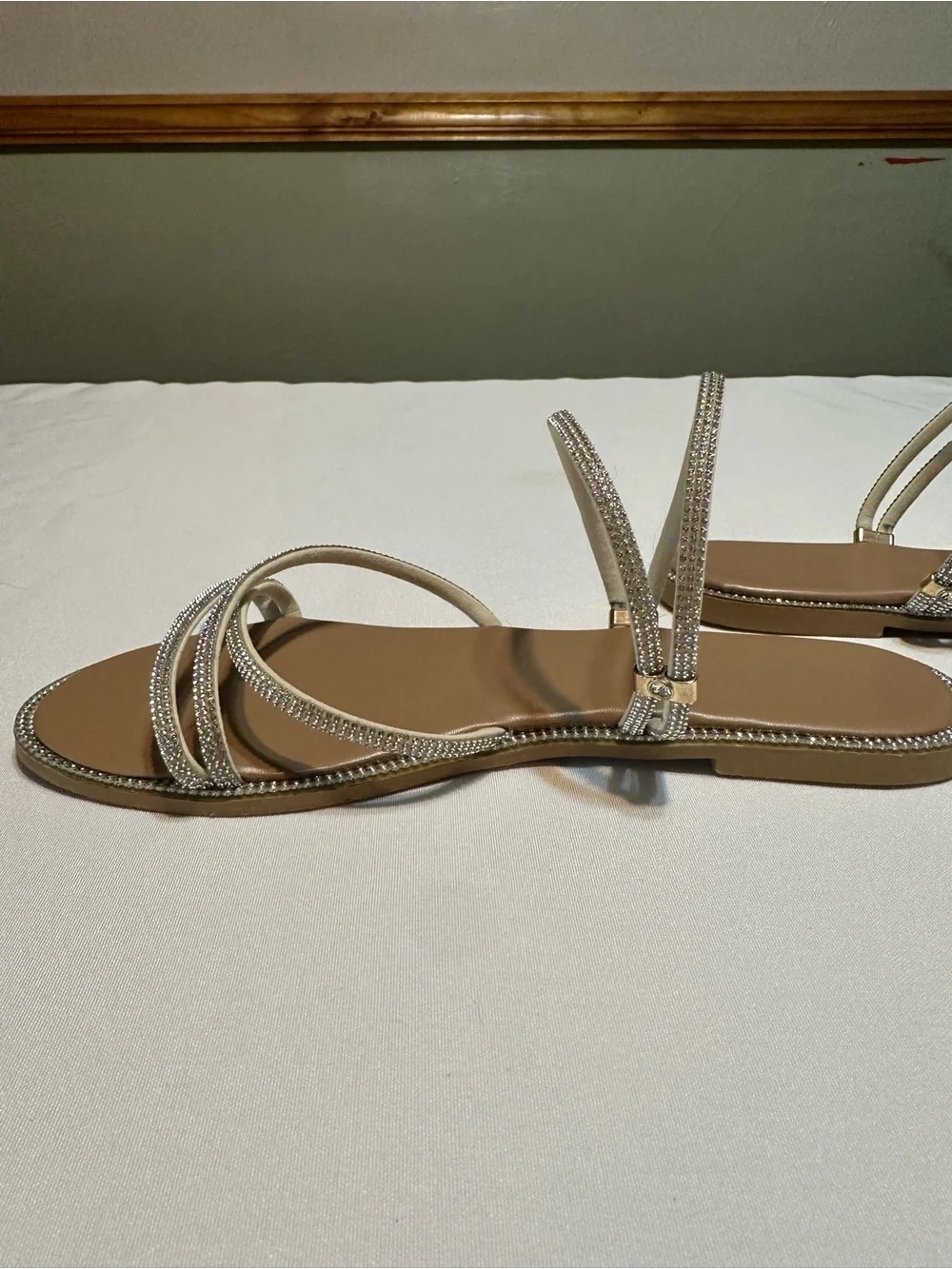 Strappy Rhinestone Sandals in Beige — Elegant Evening Flat